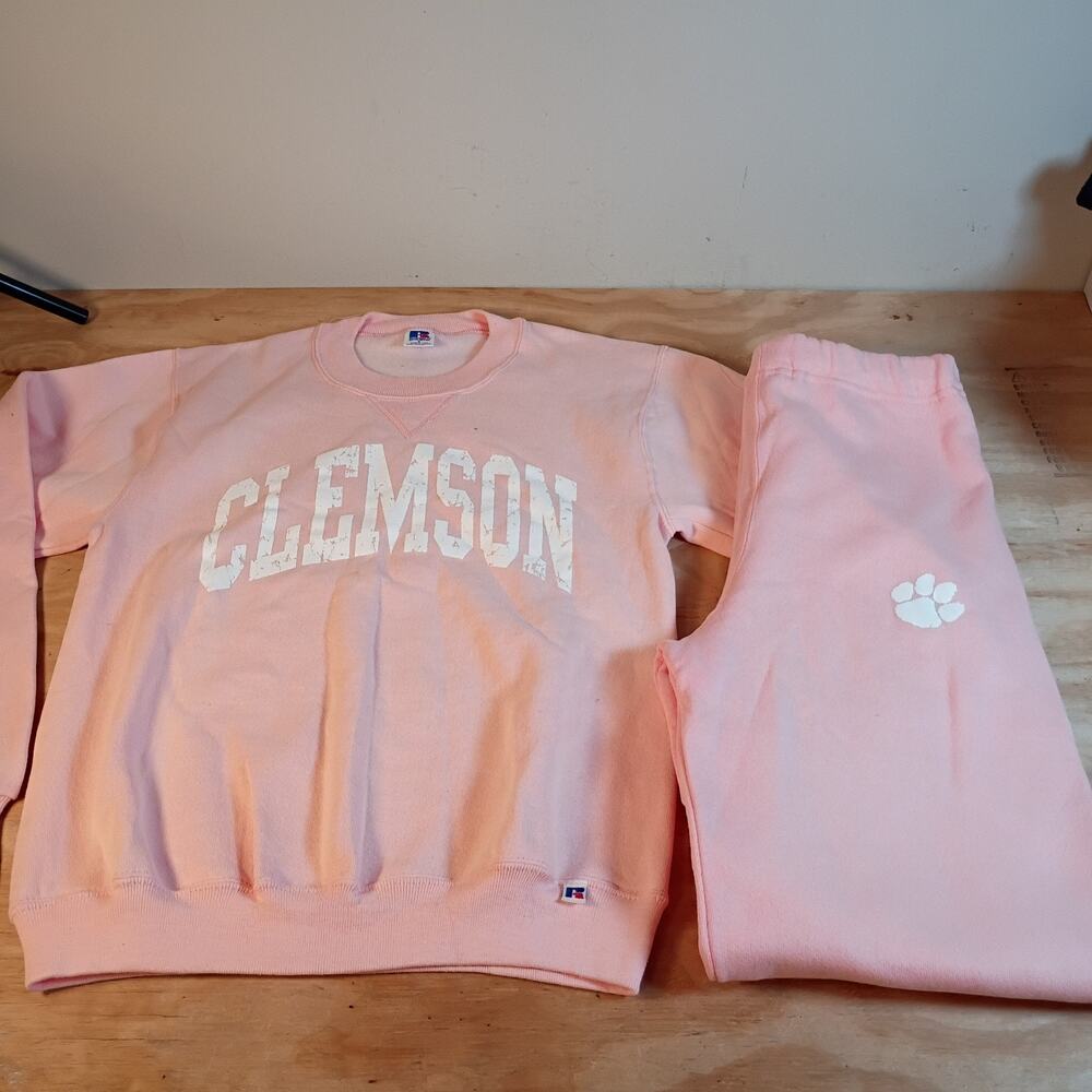 Vintage 90s Russell Athletic Clemson Tigers Pink Sweatshirt Sweatpants Set SMALL